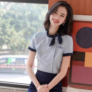 Women's Professional Short Sleeve Shirt Solid Color Ribbon Collar Workwear For Hotel Receptionist Beauty Salon Uniform Set - Product Image 2