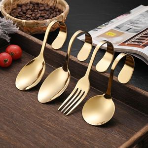 Fourchette et cuillère créatives en acier inoxydable à manche courbé, cuillère à condiments suspendable pour yaourts, desserts, glaces et buffets - Product Image 4