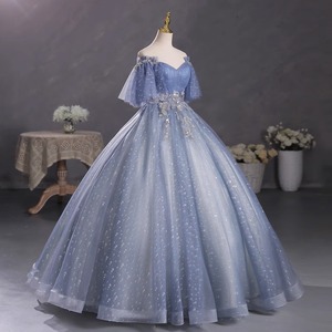 Elegant Blue Off Shoulder Tutu Gown Long Skirt Stage Performance Women's Costume Gray Blue Polyester 10-25 - Product Image 2