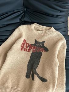 Wholesale Oversized Beige Knitted Sweater for School Campus Casual Outing Graphic Cartoon Cat Jacquard Pullover <strong>Jumper</strong> - Product Image 2