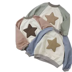 Casual Neutral French Terry Pullovers Star Patch Embroidery Girl s Boys Children Oversize Sweatshirts