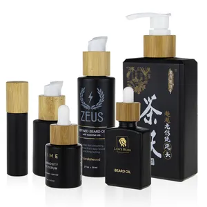 1oz small matte black glass packaging bamboo pump bottle with treatment pumps for serum essence