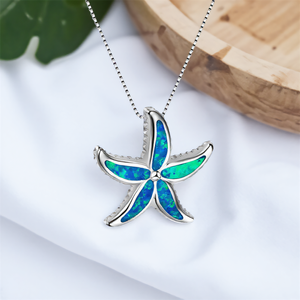 Lindo colgante de estrella de mar azul ópalo de fuego piedra estrella de mar collares para mujeres Vintage Color plata caja cadenas collar joyería de boda - Product Image 3