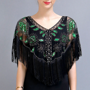 2026 new women's <b>sequined</b> shawl, tassel bead pearl tassel transparent mesh fabric outer breathable <b>top</b> - Product Image 1