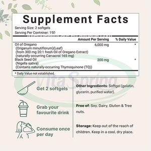 Capsules d'huile d'origan VitaSpring, compléments alimentaires en fibres, 6000 mg, huile d'origan naturelle biologique, capsules molles d'huile de graines noires - Product Image 3