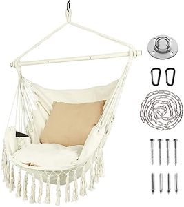 Silla Hamaca Colgante de Cuerda Beige para Interiores o Exteriores con Elegantes Borlas, Capacidad Máxima de 500 Libras, con 2 Cojines - Product Image 1
