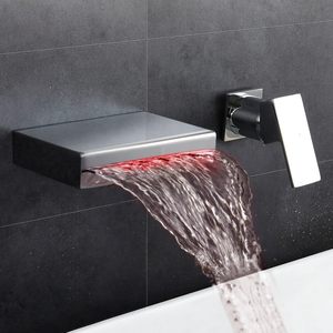 Robinet de lavabo de salle de bain LED à montage mural, cascade, mitigeur de lavabo, laiton, poignée unique avec noyau de valve <span class=keywords><strong>en</strong></span> céramique, grand débit - Product Image 3