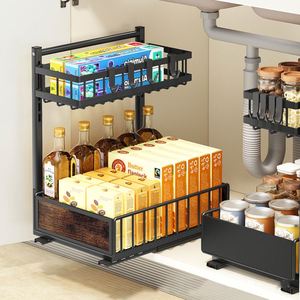 Étagère de rangement sous évier de salle de bain à 2 niveaux en acier métallique, 2 paniers coulissants et de rangement à 2 niveaux - Product Image 5
