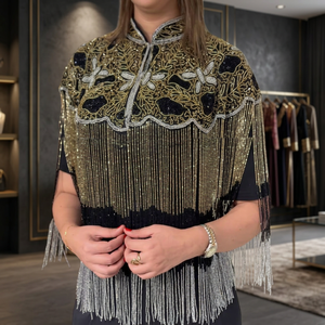 Poncho de soirée/formel pour femme, style droit, orné de cristaux et de perles, brodé à la main, respirant, naturel - Product Image 4