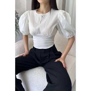 Elegante Blusa Blanca de Popelina para Mujer con Mangas Abullonadas, Diseño sin Espalda, Estilo Moderno y Romántico para Uso Diario, Ajuste Elástico - Product Image 1