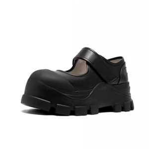 Manufacturer Custom New Trendy <strong>Black</strong> Leather With <strong>Velcro</strong> Strap Chunky Platform Round Toe Mary Jane Pumps <strong>Women</strong> <strong>Shoes</strong> - Product Image 1