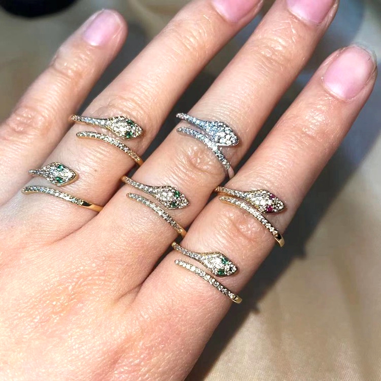 18k银镀金锆石蛇形戒指适用于女性可调节开开指环配件首饰 - buy