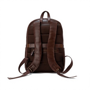 Unisex Genuine Leather Tactical Sports <b>Backpack</b> Solid Brown Zipper Closure Front Pocket Adjustable <b>Strap</b> Durable Polyester - Product Image 2