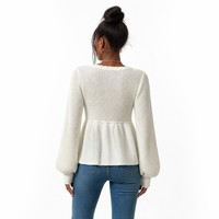 Haut en tricot côtelé pour femme avec logo personnalisé, manches longues, col en V, couleur unie, décontracté, hiver-printemps, en acrylique doux, usine OEM & ODM