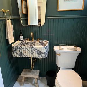 Moderne Calacatta Viola Gegroefde Marmeren Gootsteen Luxe Wandgemonteerde Bassin Met Paarse Aderen Voor Badkamerinrichting - Product Image 2