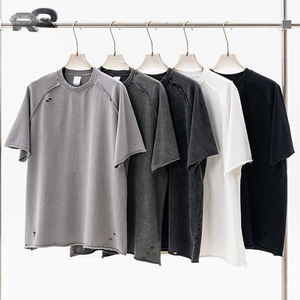 Été Américain Rétro 100% Coton Tissé 330gsm Lavage Lourd Batik Cercle Surdimensionné Plus Size Manches Courtes Ourlet Bouclé Motif Solide - Product Image 1