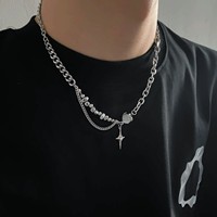 Kalung liontin Chunky pria, perhiasan rantai klavikula kepribadian kalung Hip Hop Stainless Steel untuk pria