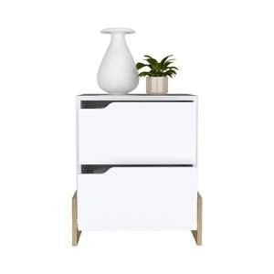 DB Brookland <b>White</b>/Macadamia Finish Nightstand Double Drawers Sturdy Base Modern Design Foldable <b>Bedside</b> <b>Table</b> for Apartment Use - Product Image 3