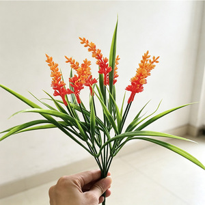 Bouquet de blé artificiel, fleurs en plastique orange, feuilles vertes, arrangement décoratif pour la maison et le bureau - Product Image 1