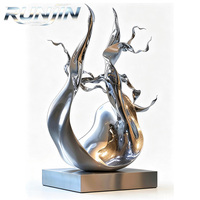 Grande sculpture abstraite en acier inoxydable, effet éclaboussures fluides, finition miroir, pour intérieur, hall d'hôtel, espace commercial, sur mesure