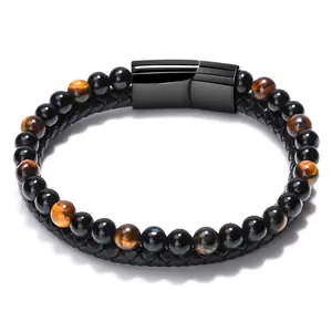 Moda volcán cristal Ojo de Tigre con cuentas pulsera de piedra Natural hombres cuero de vaca cuerda ágata pulsera joyería