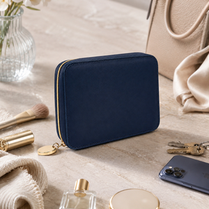 Navy Satin Travel <b>Makeup</b> Organizer <b>Case</b> with Elastic Brush Slots and Snap-Closure Interior Pocket for Cosmetics and Beauty Tools - Product Image 6