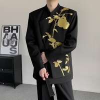 Blazer décontracté pour homme à col montant, broderie florale dorée asymétrique, coupe ample élégante, veste de costume de soirée formelle pour hommes