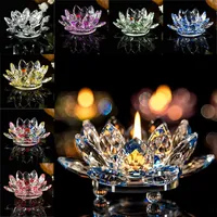 Castiçal de vidro de cristal de lótus, decoração de casa, luz de chá budista, 7 cores