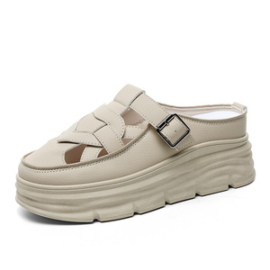 2026 New Versatile Women's Slippers Summer Trendy Hollow Breathable <b>Half</b> Slippers Thick Sole Elevated Shoes - Product Image 3