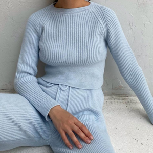 Nouveautés 2021 : Ensemble deux pièces en tricot côtelé à manches longues, ensemble de pull classique pour femmes, <span class=keywords><strong>pantalon</strong></span> de sport à jambes larges - Product Image 2