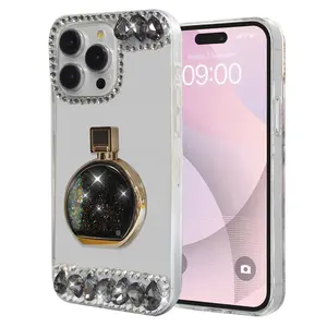 Nuovo Design con supporto per bottiglia di profumo e sabbia mobile custodia per telefono con diamanti per iphone 15 promax bling diamond glitter cover per telefono S24