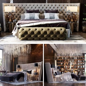 Ensemble de meubles de chambre à coucher de luxe italien, lit king size, tête de lit capitonnée en velours, ensemble de lit double - Product Image 2