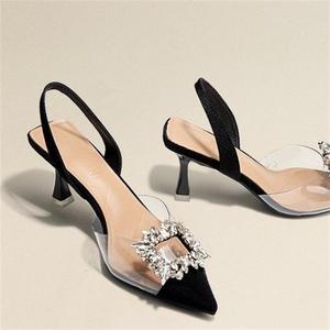 Apricot Transparent Square Back Hollow Thin Sandals Career Interview <b>Pointed</b> High Heel Single Shoe Girl - Product Image 3