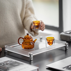 Aluminum <b>Frame</b> Acrylic Tray Rectangular Solid Wood Base Storage Serving Tray For Tea Set Organization - Product Image 3