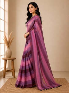 Sari indien traditionnel multicolore rayé en coton Mul pour femmes avec un motif tissé élégant, tissu en coton doux et respirant - Product Image 1