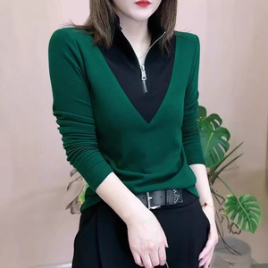 European Style Women's V-Neck Zipper Long Sleeve <b>Top</b> Green Slim Fit Casual Knitwear Spring Autumn 2025 Base <b>Layer</b> Sweater - Product Image 1