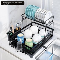 Égouttoir à vaisselle de cuisine noir double couche en métal, type colonne, démontable et non pliable, avec bac de drainage
