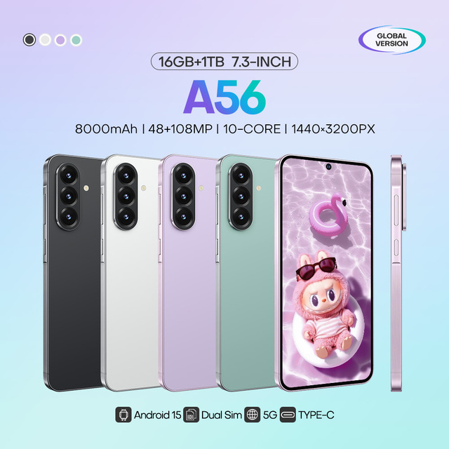 Wholesale A56 5G Smartphone 7.3 Inch Large HD Display Deca Core 16GB+1TB 8000mAh Type-C 108MP Camera Dual SIM Mobile Phones
