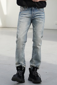 Jeans de mezclilla para hombre, de corte recto, con bordado, lavados, de cintura media, de algodón, de moda. - Product Image 3
