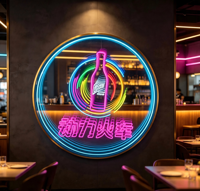 Enseigne néon LED personnalisée à effet miroir infini, boîte lumineuse circulaire avec motifs bouteille de bière et caractères chinois pour la décoration de bars, KTV et discothèques