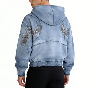 Sweat à capuche vintage pour homme en molleton de coton épais, coupe oversize, style Hip Hop, délavé à l'acide, effet usé, avec broderie 3D, <span class=keywords><strong>patchwork</strong></span> et motifs graphiques, orné de strass - Product Image 2
