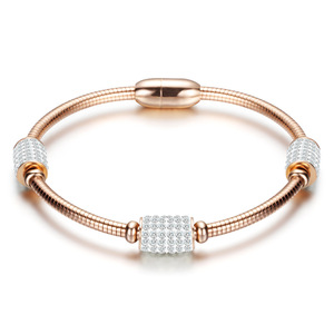 Pulsera de Acero Inoxidable con Incrustaciones de Diamantes Estilo Europeo Americano, 3 mm, Redonda, Cierre Magnético en Oro Rosa, Joyería de Regalo para Mujer - Product Image 5