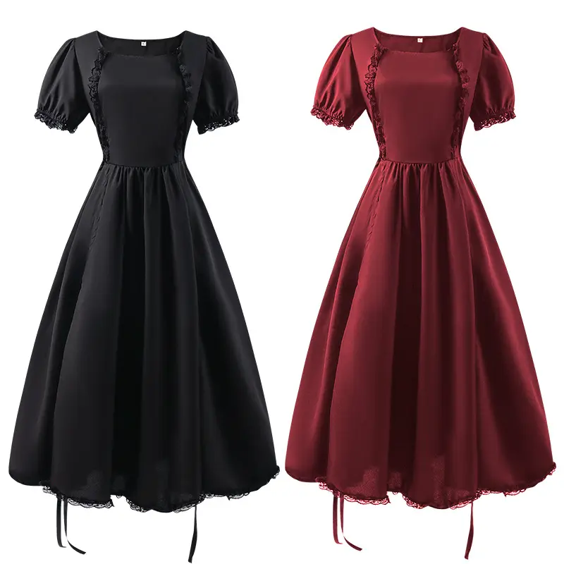 medieval princess dress short Vintage / Retro Medieval Gothic Red Black Short Prom Dresses 2021 A-Line / Princess Square Neckline 3/4 Sleeve Zipper Up Lace Tulle Prom Formal
