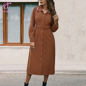 Loveda Damen Herbst/Winter Mode Lässiges Elegantes Retro-Style Kleid mit Spitzenbesatz und Umlegekragen aus Cord - Product Image 1