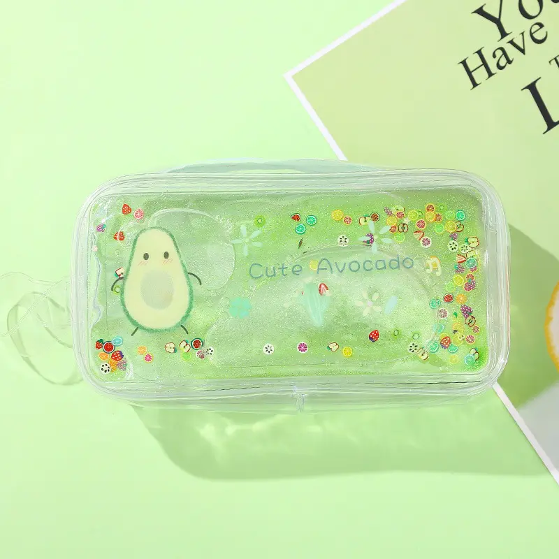 Cute avocado Pencil Case Transparent Quicksand Peach Pink Pencil Cases Girl large capacity stationery Bags portable cosmetic bag