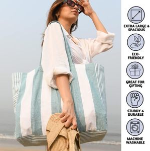 17 Inch <strong>Beach</strong> <strong>Bag</strong> <strong>for</strong> Women 100% Cotton <strong>Beach</strong> Tote <strong>Bag</strong> With Zipper Pocket Inside Large Woven Pool Canvas Tote <strong>Bag</strong> - Product Image 2