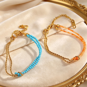 Pulsera Apilable de Acero Inoxidable con Cadena Trenzada de Doble Capa, Turquesa, Cuentas Pequeñas de 2-3mm, Bañada en Oro de 18K, Pequeña, OEM Personalizada, Venta al por Mayor - Product Image 4