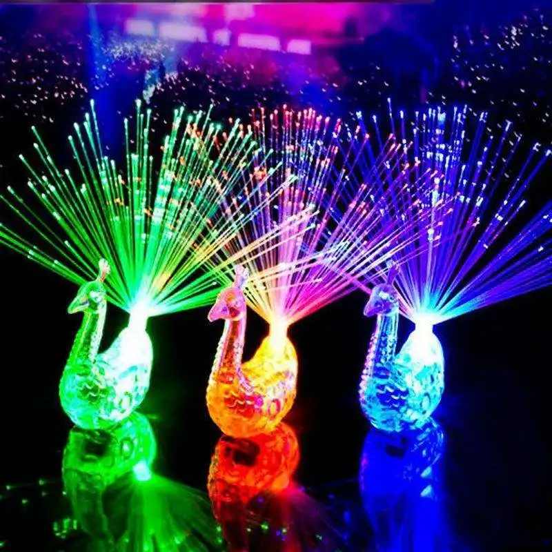 Peacock Design 4 Color Pack Led Light up Toy Lamp Fiber Finger Light Colorful LED Light up Rings Party Gadgets Toys for Children
