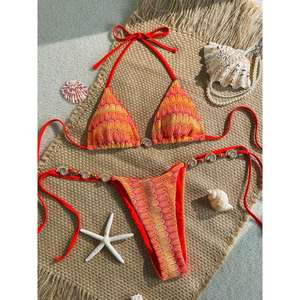 Ensemble Bikini pour femmes, Orange, rouge, à lacets, avec embellissements métalliques, pour la natation et les sports nautiques, ensemble 2 pièces - Product Image 1