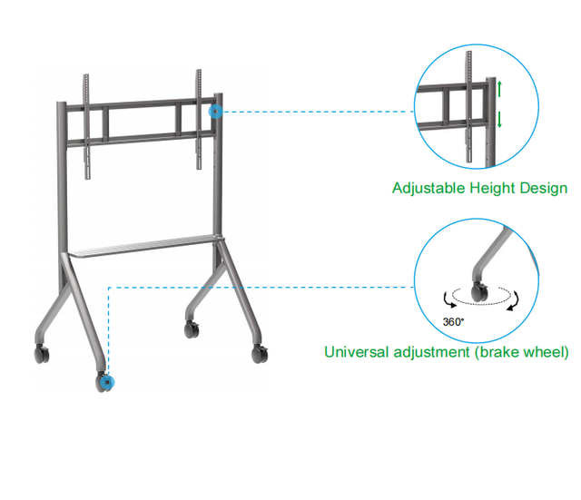 Cheap Factory Price IBoard Silver Aluminum TV Stand Mobile Wheels Floor Portable Mount Smart Board 55"-65" Rolling Cart 100kg